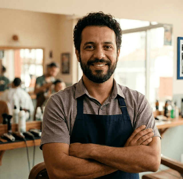 Dono de pequeno negócio confiante usando o Negócio Esperto