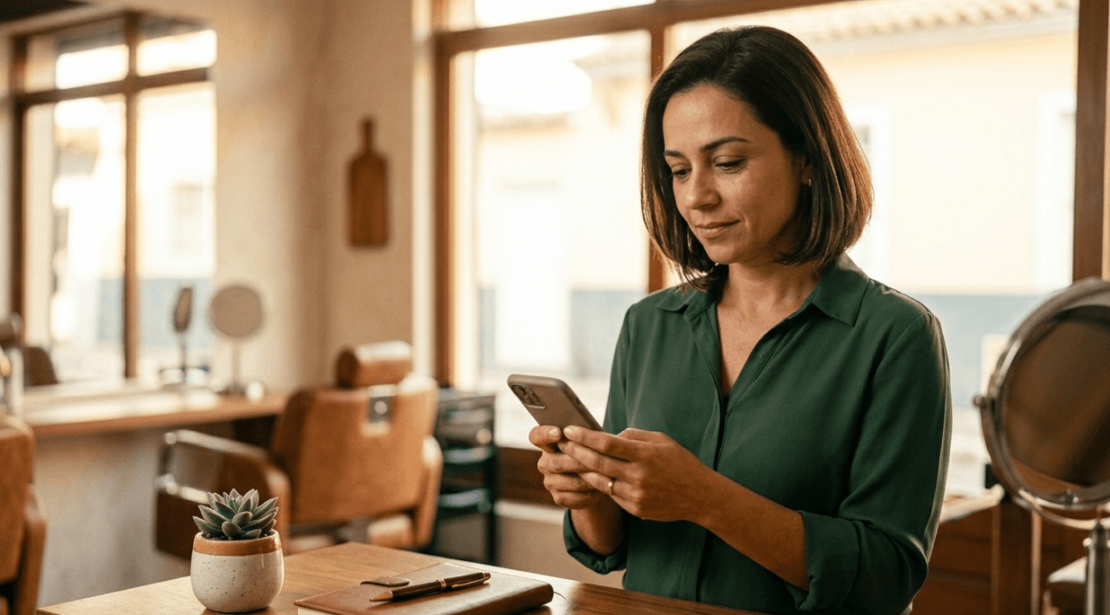 Empreendedora usando o Negócio Esperto no celular