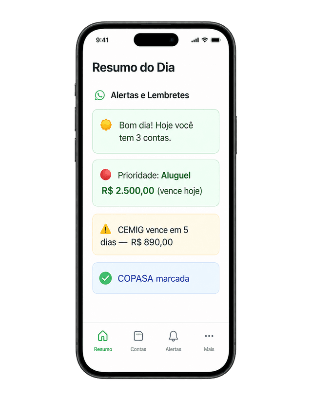 Tela de alertas e lembretes automáticos do Negócio Esperto